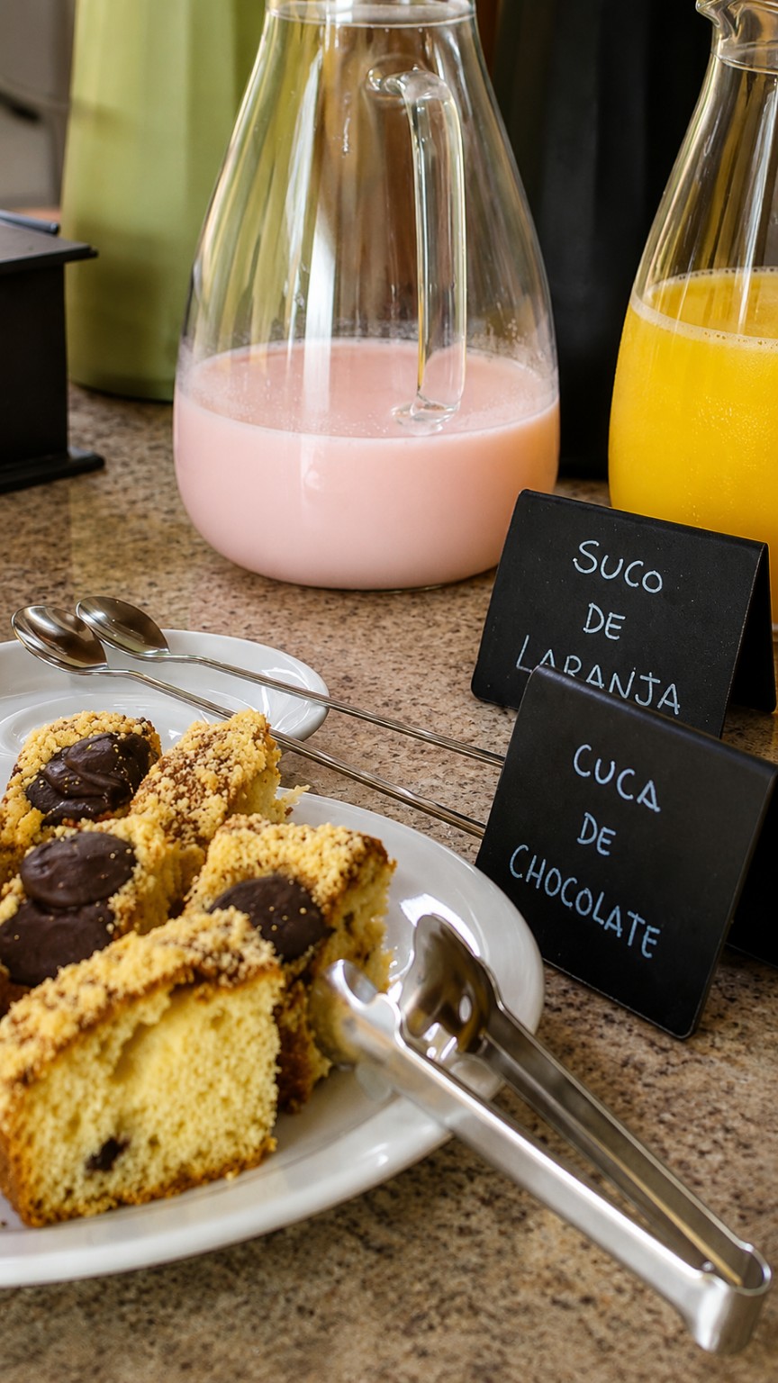 Bolos e sucos do café da manhã
